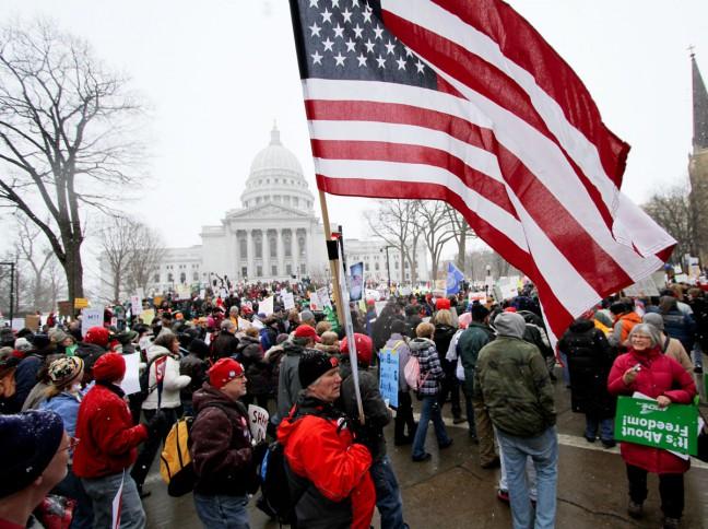 Thousands of protesters from across Wisconsin converged on Capitol Square Saturday for the largest pro-union rally so far this month.