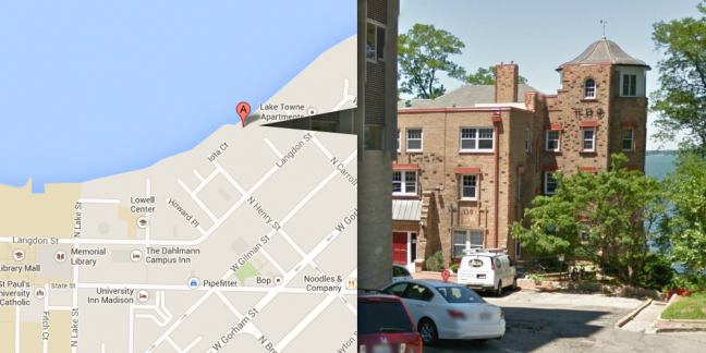 WiscAlert reports shots fired at 130 Langdon Street, shown above.  – [image from Google Streetview, map from Google Maps]