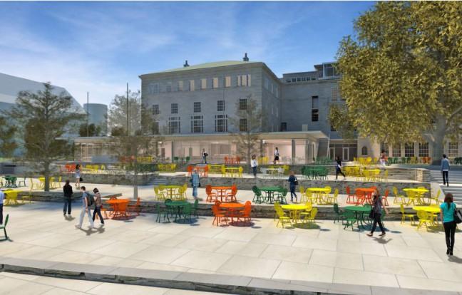 Artist renderings show the terrace with newly renovated dining space inside.