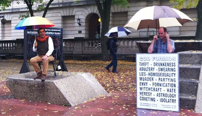 Rain or shine, Library Mall has seen several anti-gay, religious-based protesters over the past several weeks. 