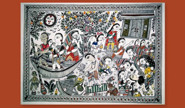Dulari Devi (Ranti, India), The Great Flood of 2006, acrylic paint on paper, 26 x 34 in.