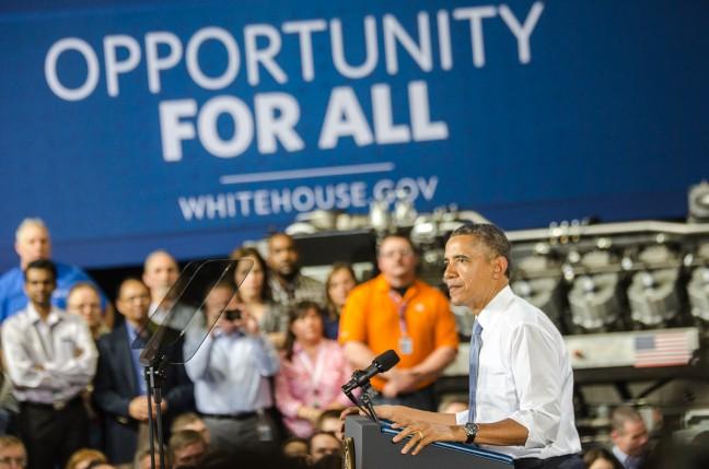 President Barack Obama speaks Thursday at the General Electric factory outside Milwaukee.
