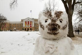 Badger Herald archival photo of snowman Bucky. February 8, 2015.  