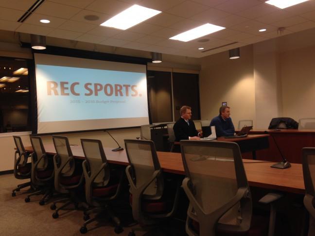 John Horn, director of Rec Sports and Mike Warren, senior associate director of Rec Sports, present proposed 2015-2016 budget