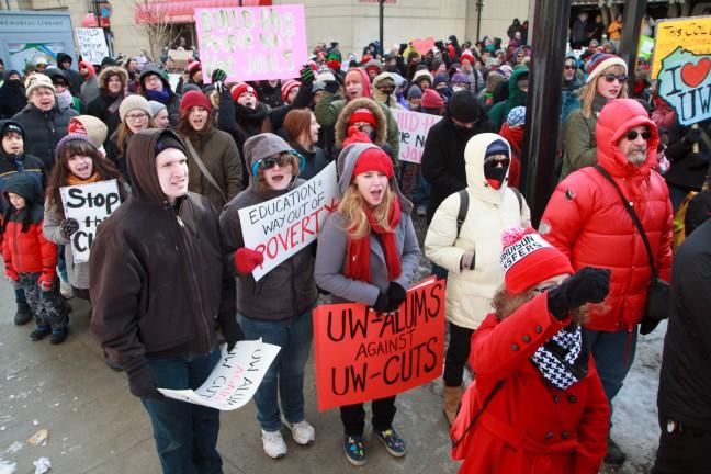 UW+faculty%2C+students+gather+on+Valentines+Day+to+protest+UW+System+cuts