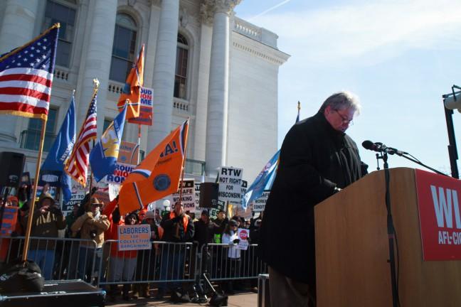 Feb. 28 thousands of protesters voiced their opposition to right-to-work legislation.