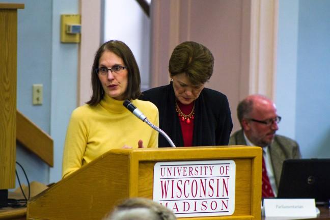 Jo Ellen Fair and Sarah Mangelsdorf speak to Faculty Senate