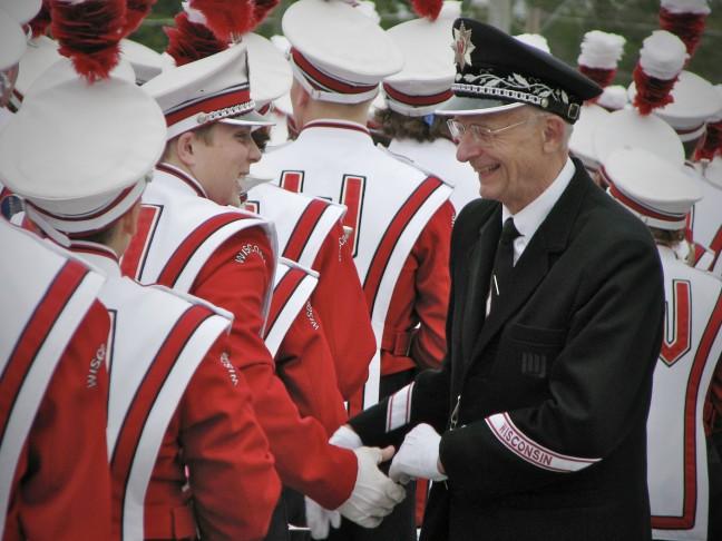 Michael Leckrone with members of the UW Band 