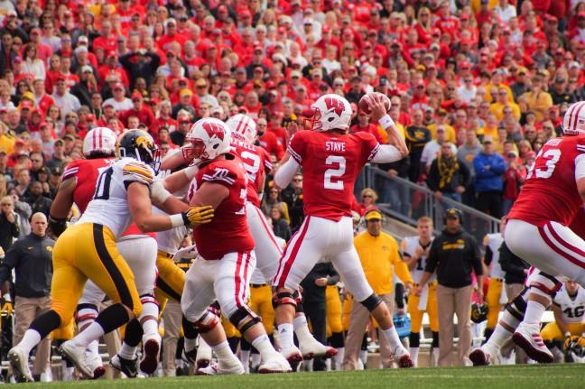 Dan Voltz (70) protects Joel Stave from the Iowa pass rush earlier this season. 