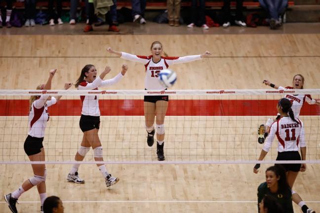 Wisconsin played against Oregon on Dec. 23, 2015 in the NCAA Division One Womens Volleyball Championship at Madison, WI.