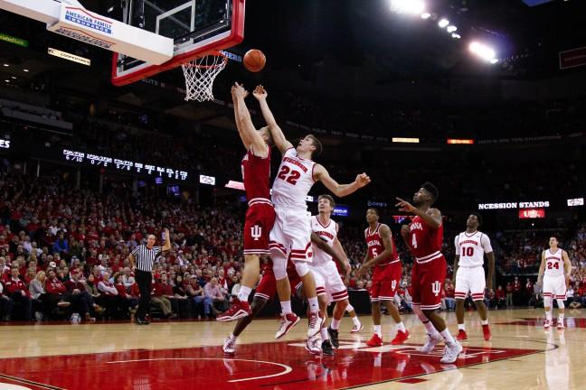Happ fights for one of his eight rebounds. Indiana out-rebounded Wisconsin 32-26.
