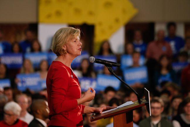 Senator Tammy Baldwin campaigns along vice presidential candidate Tim Kaine on the UW-Madison campus Tuesday, November 1, 2016