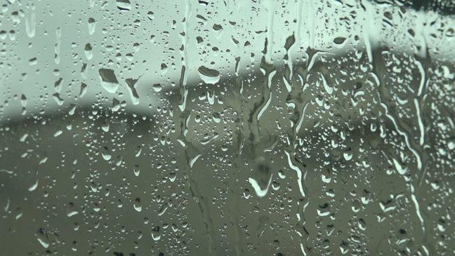 Archival photo of raindrops on a window, taken April 3, 2017.