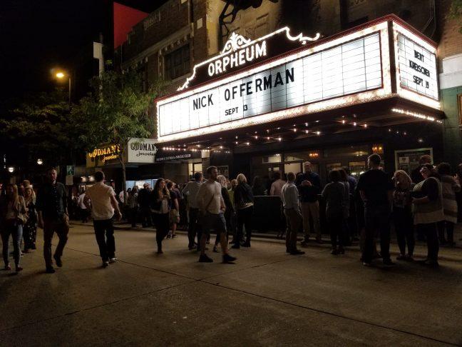 People packed outside the Orpheum Theater awaiting Nick Offerman's 'All Rise' late show.
