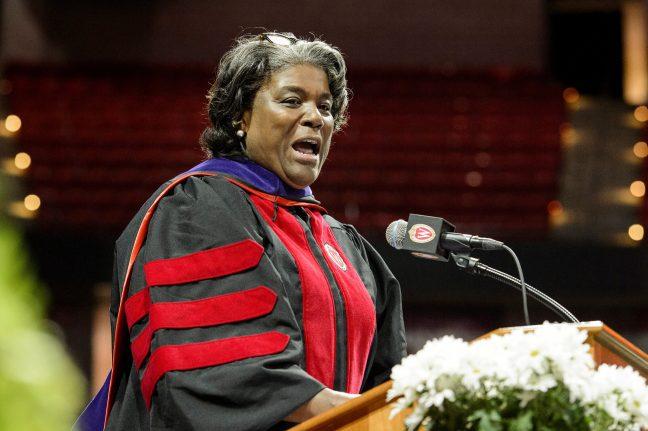 Linda Thomas-Greenfield, former assistant secretary for African affairs during the Obama administration, speaks to the crowd after receiving a honorary degree during UW-Madisons spring commencement ceremony at the Kohl Center at the University of Wisconsin-Madison on May 11, 2018. 