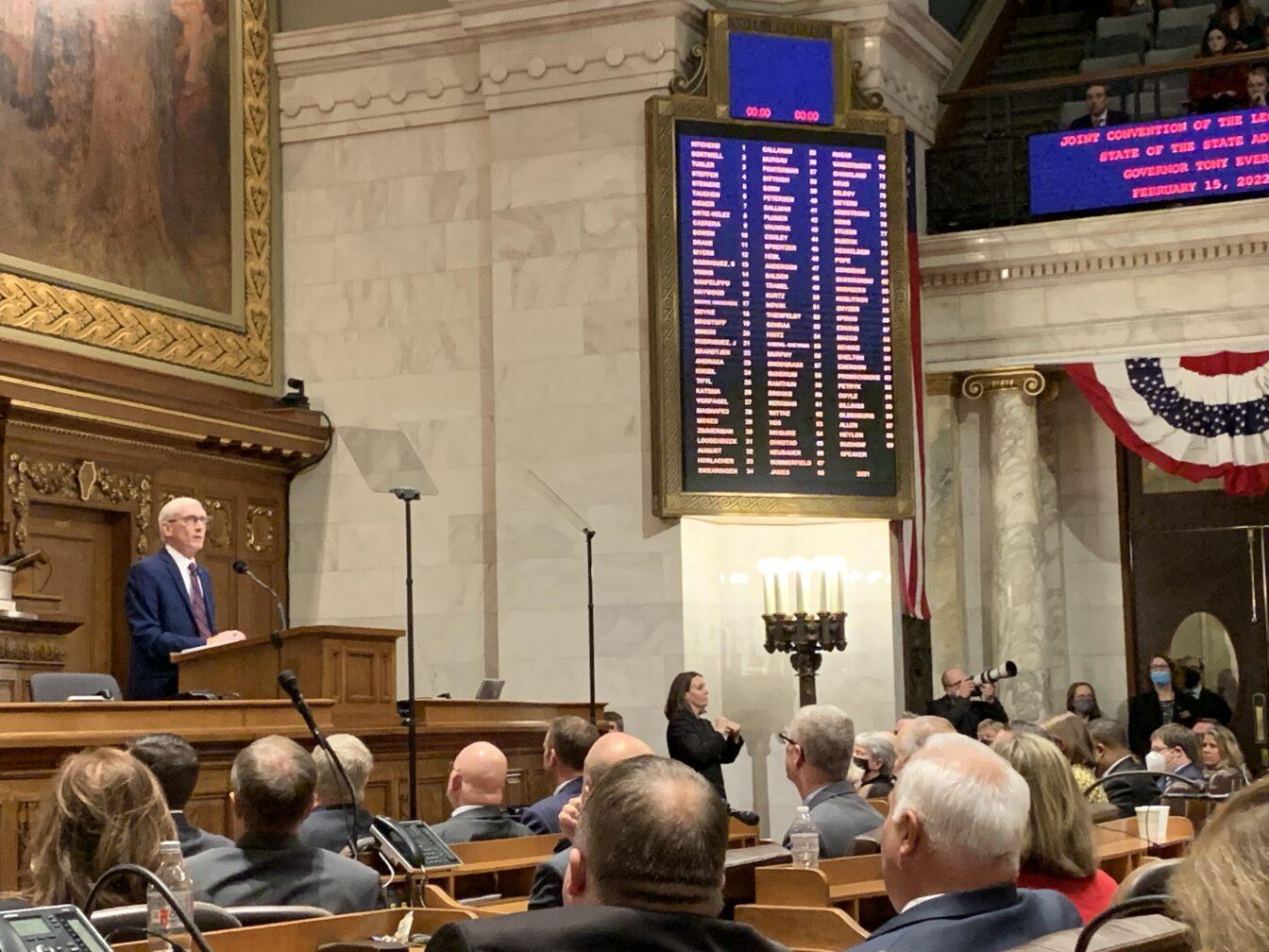 Wisconsin’s 46th Gov. Tony Evers gave his State of the State address to a joint convention of the Legislature Feb. 15, 2022 at the Wisconsin State Capitol