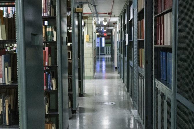 Rows of bookshelves at Memorial Library. February 26, 2022. 