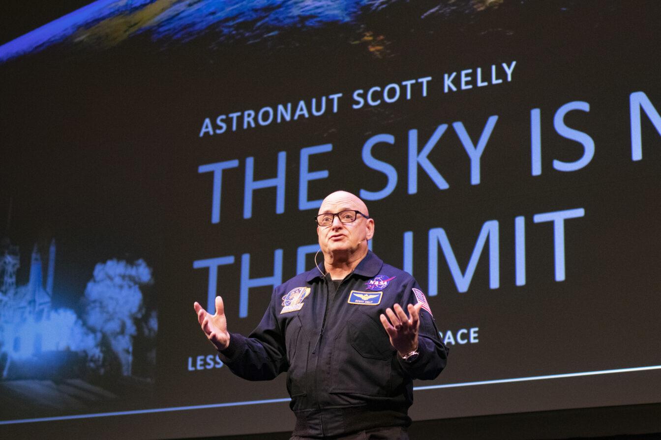 Former NASA astronaut Scott Kelly speaks in Shannon Hall about his experiences in space