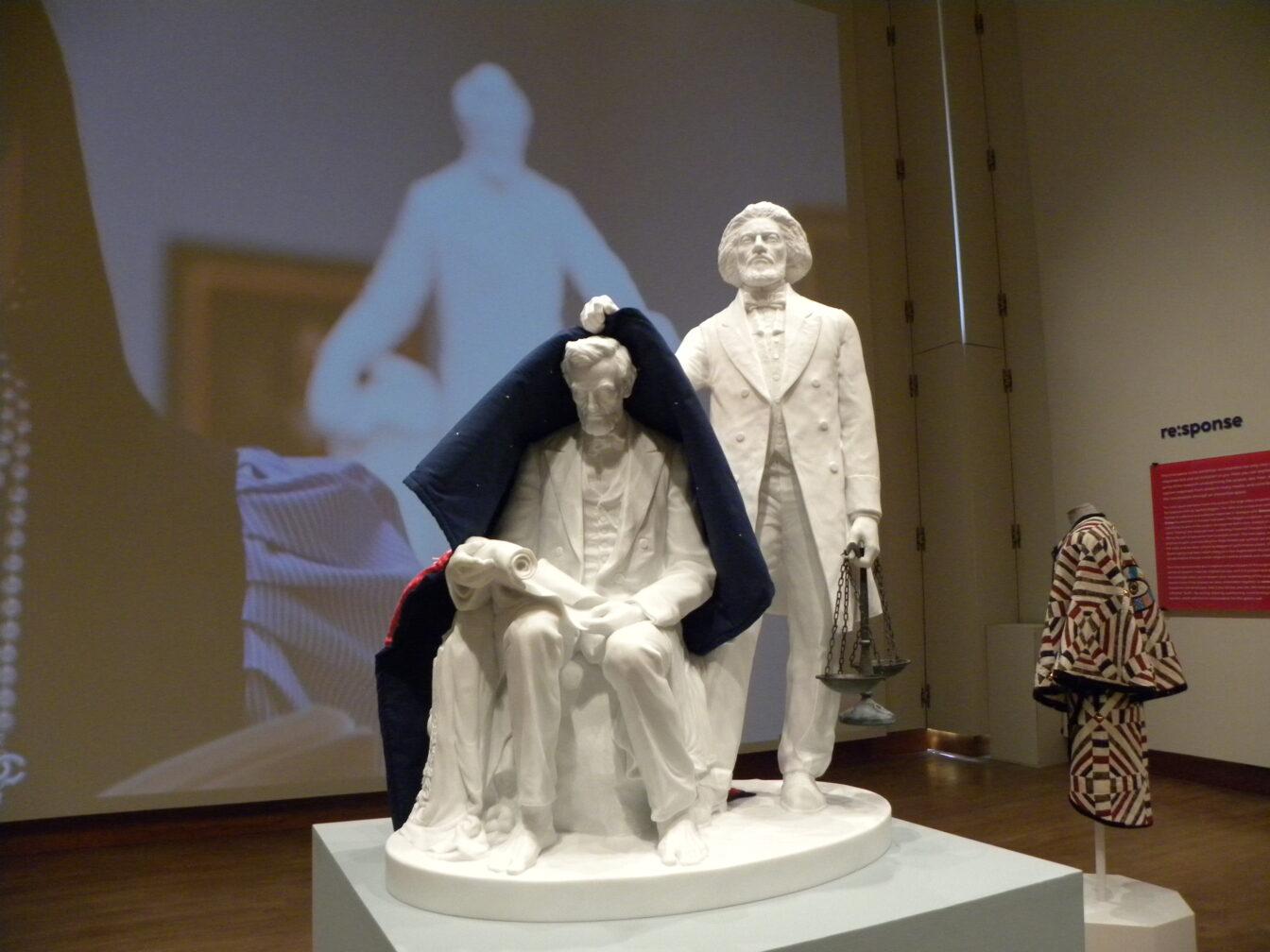 Sanford Biggers response piece to Emancipation Group flips the script by featuring Frederick Douglass as the presiding figure over Abraham Lincoln
