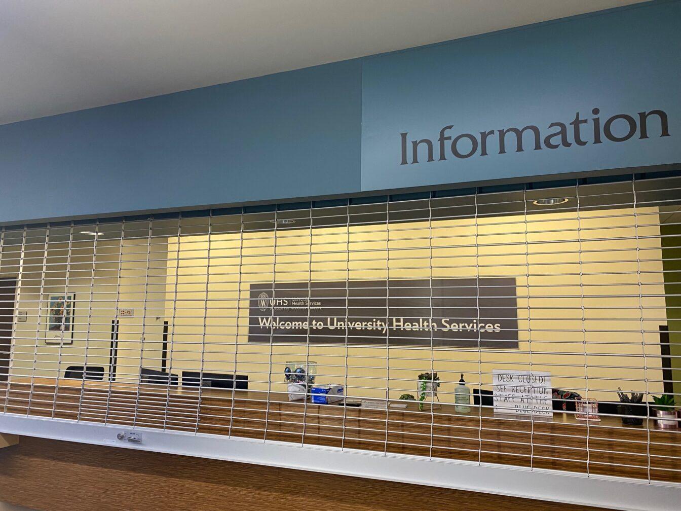 The information desk outside University Health Services before opening for the day. 