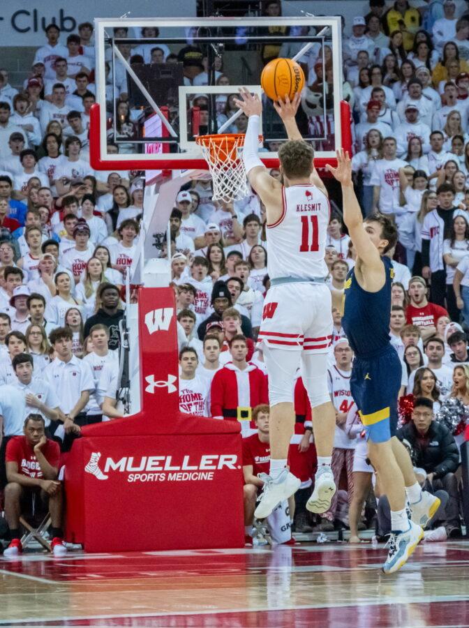 Badger guard takes a shot against Marquette in the Kohl Center. Jan. 21, 2024. 