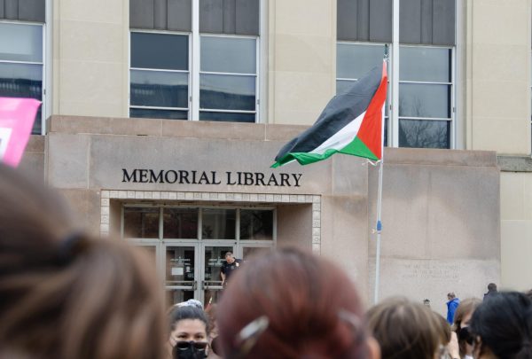 The Palestinian flag flies over Library Mall. April 29, 2024.