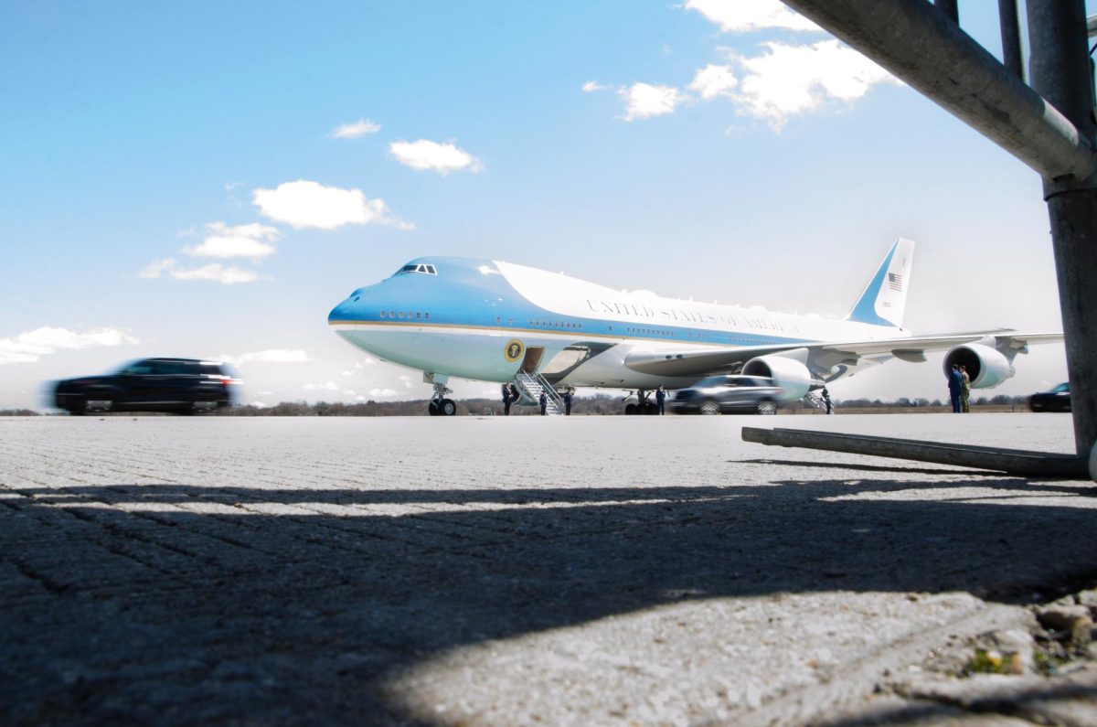 Air Force One, the plane that carries President Joe Biden and his staff, is parked at the Dane County Regional Airport as the Presidential Motorcade passes by on April 8, 2024. 