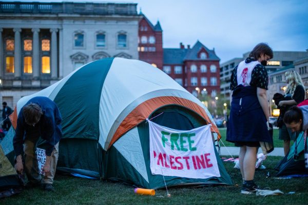A tent at the encampment on Library Mall with a sign reading "Free Palestine." April 30, 2024.