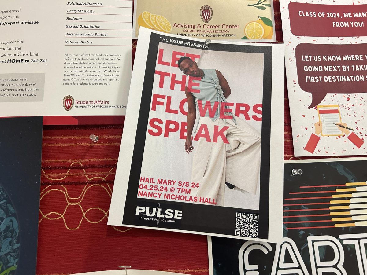 A poster advertises the work of a student designer who will be showcasing their work at Pulse: Student Fashion Show later this week at Nancy Nicholas Hall.