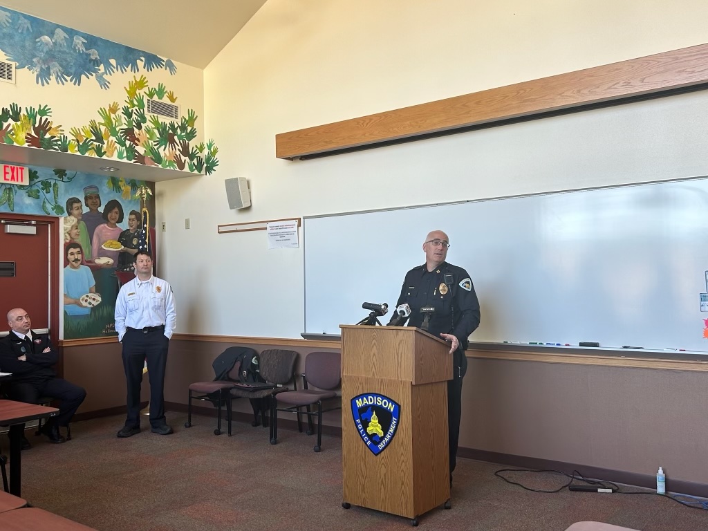 Madison Police Department Central District Captain Michael Hanson at a Thursday morning press conference to discuss safety ahead of the Mifflin Street Block Party. April 25, 2024.
