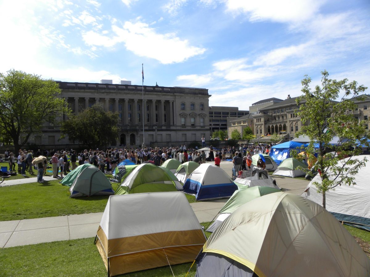 Pro-Palestine encampment demonstrators hold rally on Library Mall. May 8, 2024.