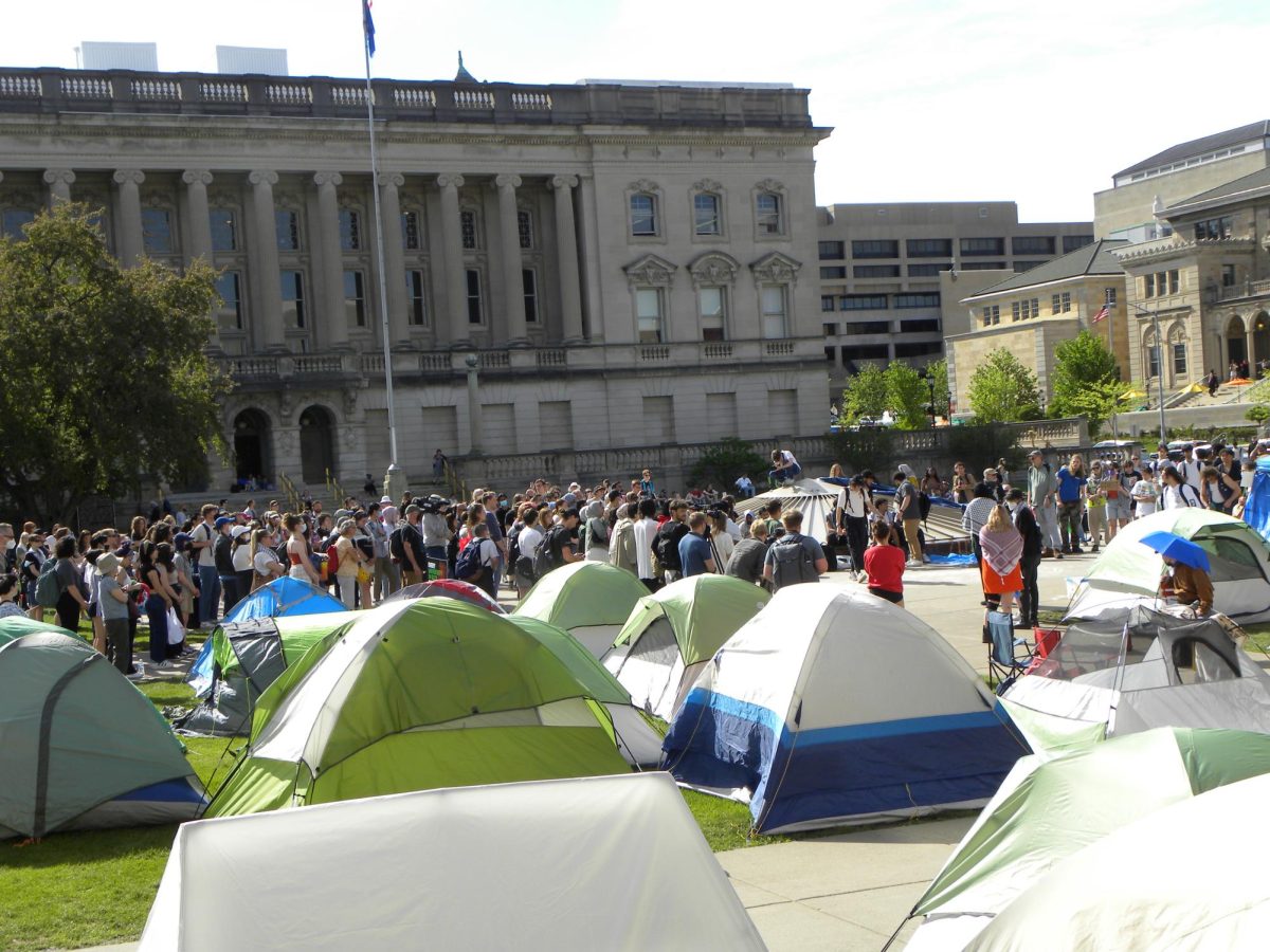 Pro-Palestine encampment demonstrators hold rally on Library Mall. May 8, 2024.
