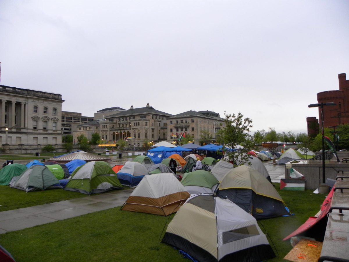 The pro-Palestine encampment demonstration on Library Mall continues into a rainy eleventh day. May 9, 2024.
