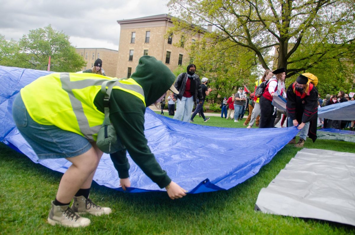 Demonstrators set up for "die-in" demonstration on Bascom Hill. May 9, 2024.