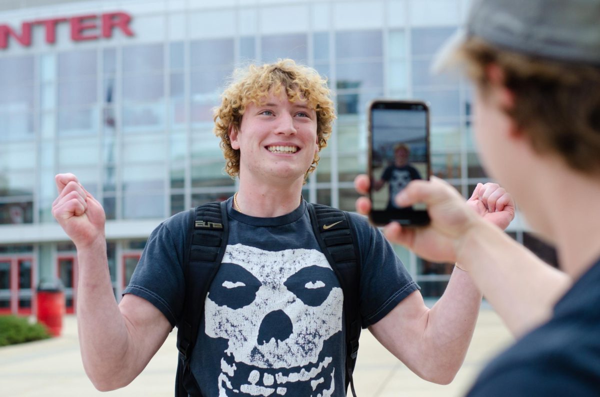 Jack Couey squeals in excitement in front of the Kohl Center while Weston films him for a TikTok. Both are incredibly expressive with their expressions and voices, which combined with their humor, perfectly encapsulates Gen Z.