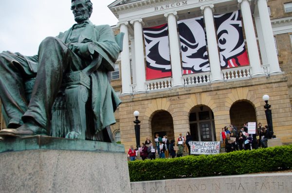 Faculty and staff of the University of Madison gather in front of Bascom Hall to show support for student demonstrators. May 2, 2024. 