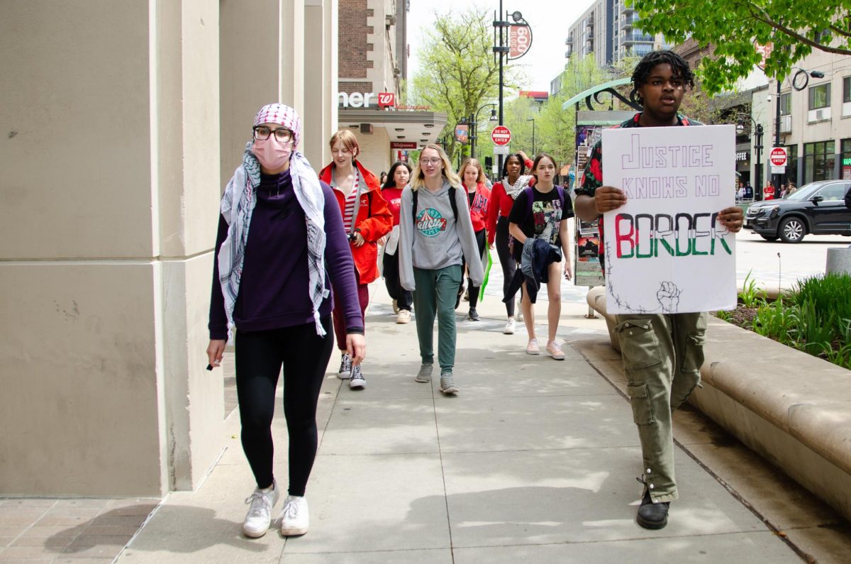 Madison area high school students participate in a walkout to support Gaza and the UW-Madison encampment on May 2, 2024. They walked from the capitol to Library Mall.