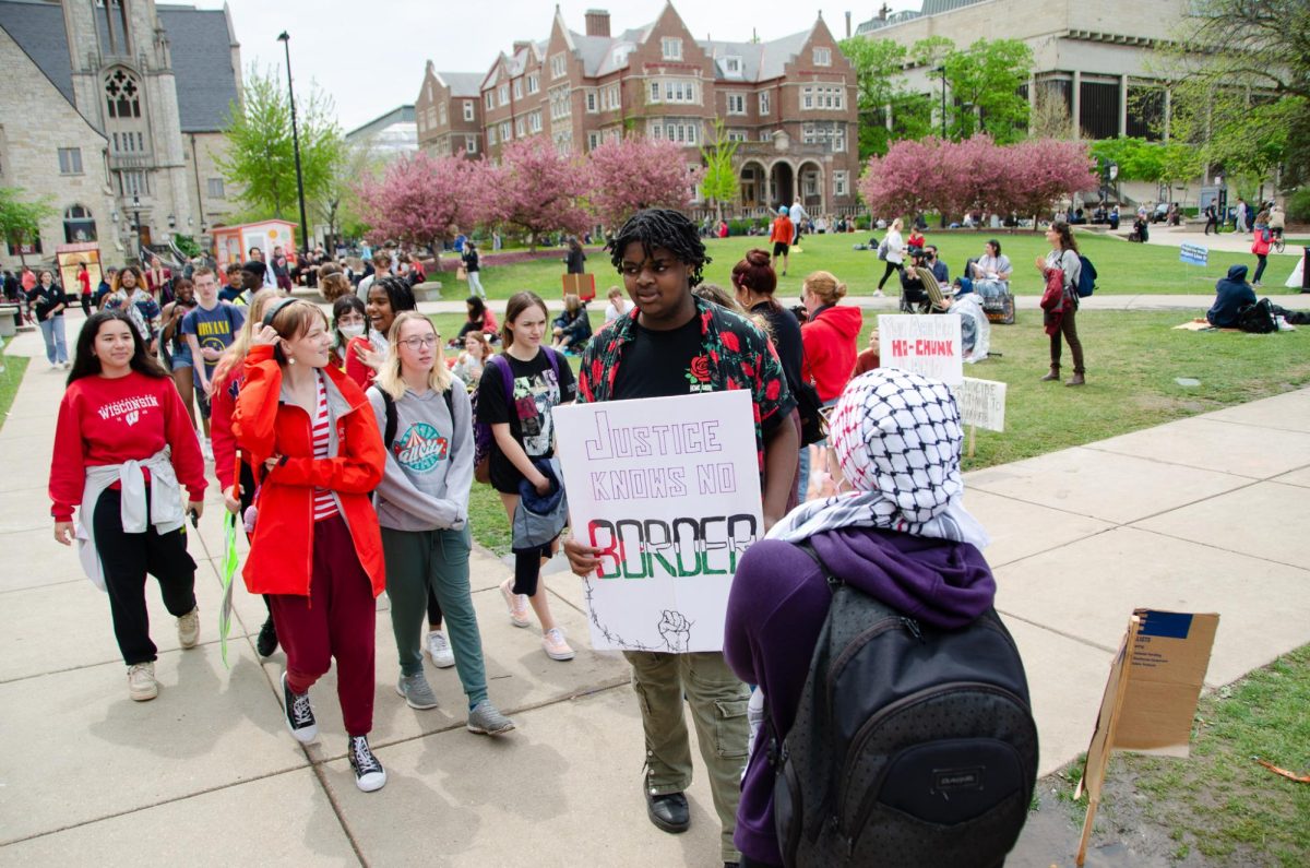 Madison area high school students participate in a walkout to support Gaza and the UW-Madison encampment on May 2, 2024. They walked from the capitol to Library Mall.