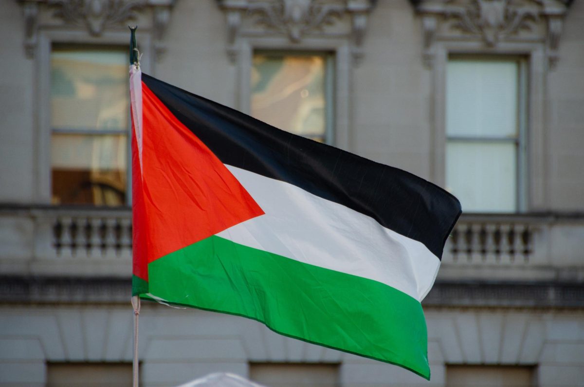 A Palestinian flag flies on Library Mall. May 3, 2024.