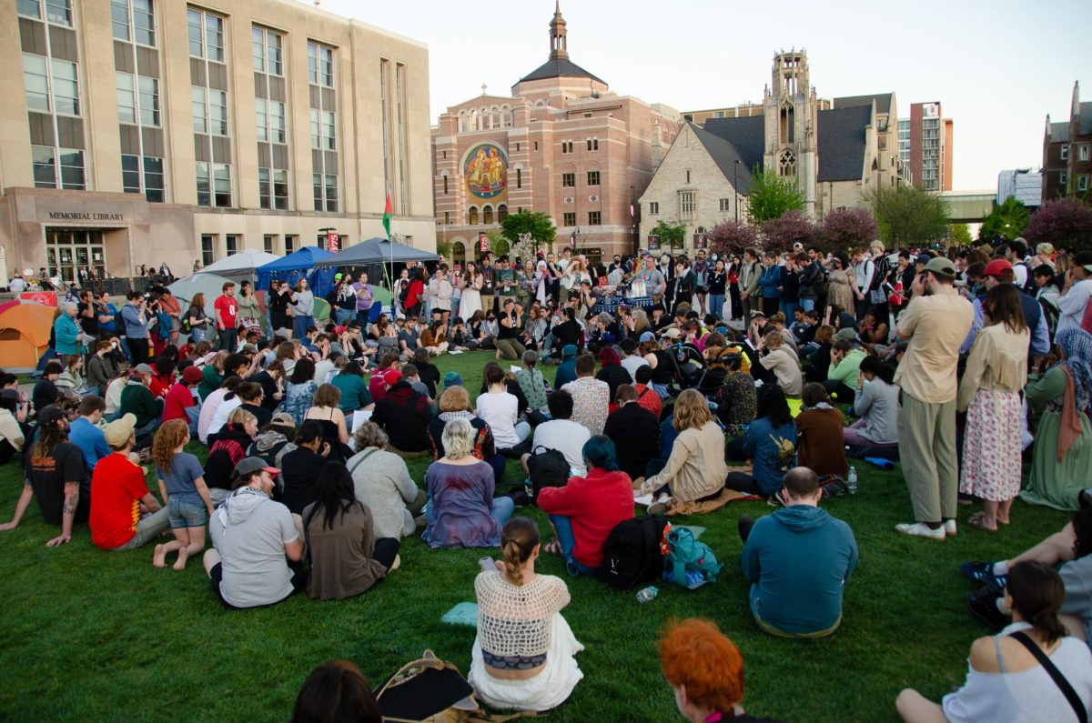Demonstrators gather at a Jews for Palestine Liberation Shabbat at the Library Mall encampment on May 3, 2024.