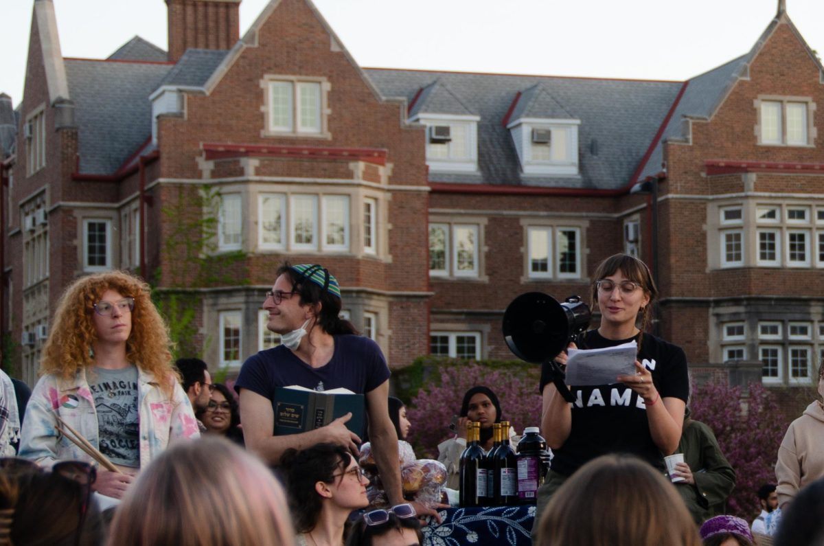 Demonstrators gather at a Jews for Palestine Liberation Shabbat at the Library Mall encampment on May 3, 2024.