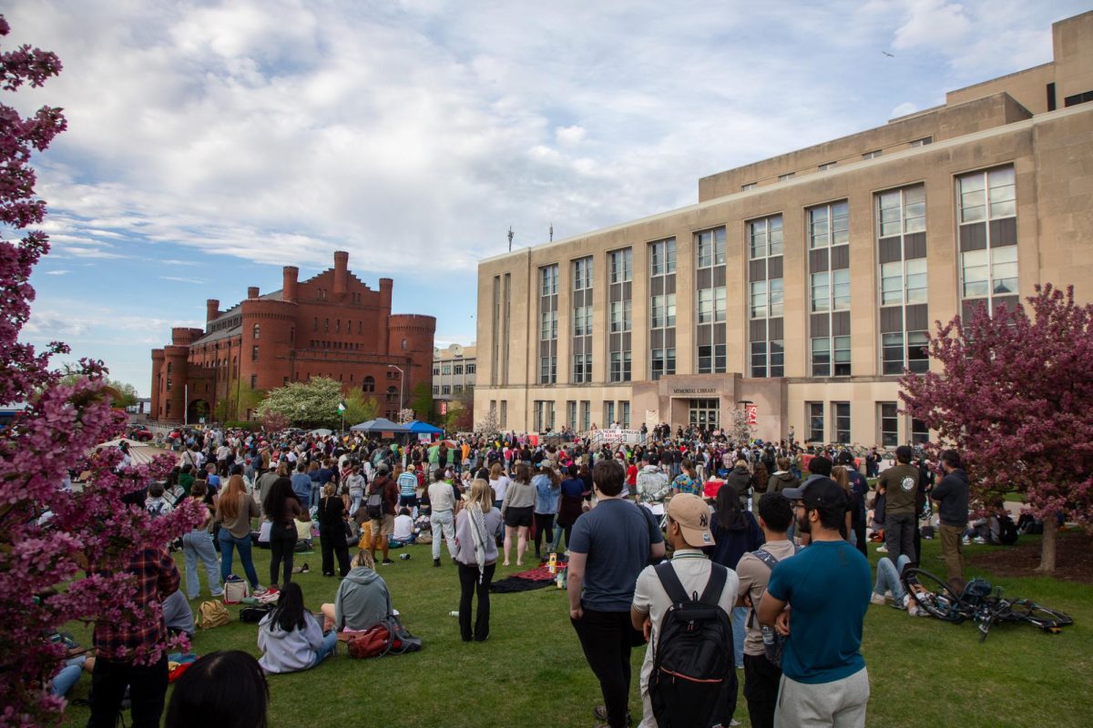 The crowd of protesters at the encampment demonstration on Library Mall grew to the largest it had been all week Wednesday. May 2, 2024.