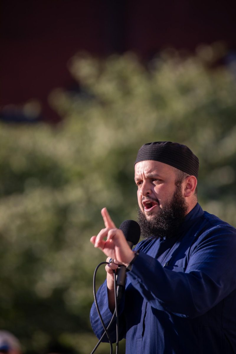 Sheikh Rami speaks before crowd on fifth day of Library Mall encampment demonstration. May 3, 2024.