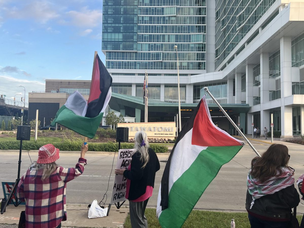 Pro-Palestinian protesters rally outside the Wisconsin State Democratic Convention in Milwaukee. June 8, 2024. 