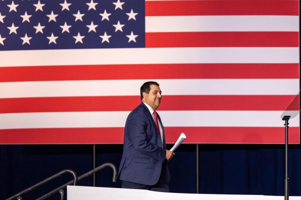 Attorney General Josh Kaul approaches the podium to deliver remarks prior to Vice President Kamala Harris's Campaign event in Milwaukee, Wisconsin. July 23, 2024.