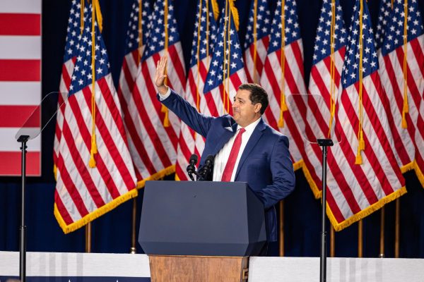 Attorney General Josh Kaul thanks the crowd after his remarks at Vice President Kamala Harris's Campaign event in Milwaukee, Wisconsin. July 23, 2024.