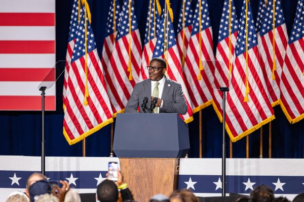 Milwaukee County Executive David Crowley delivers remarks for Vice President Kamala Harris's Campaign event in Milwaukee, Wisconsin. July 23, 2024.