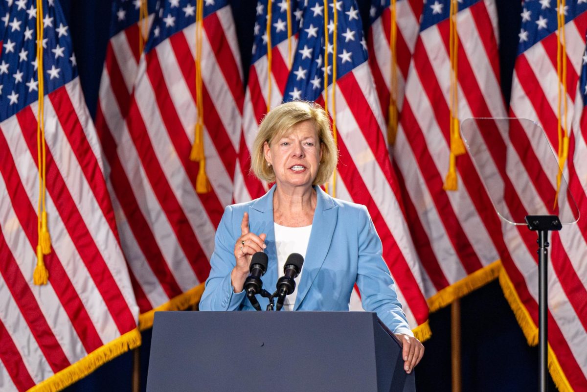 Senator Tammy Baldwin delivers remarks at Vice President Kamala Harris' Campaign event in Milwaukee, Wisconsin. July 23, 2024.