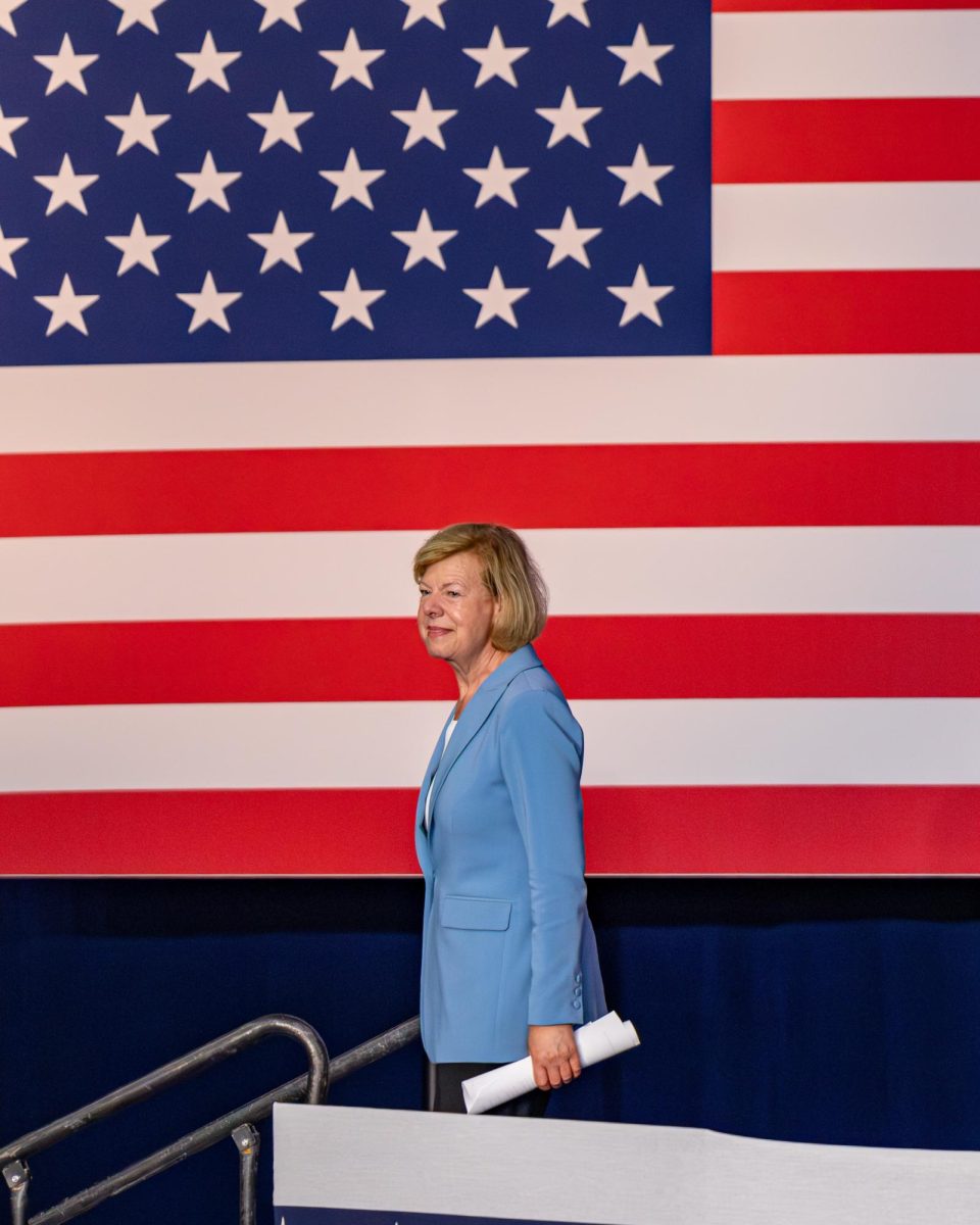 Senator Tammy Baldwin departs the stage in Vice President Kamala Harris's Campaign event in Milwaukee, Wisconsin. July 23, 2024.