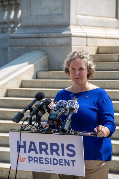 Madison Mayor Satya-Rhodes Conway speaks at Kamala Harris for president press conference in Madison. July 26, 2024.